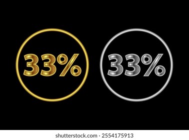 33 percent icon, 33 percent sign symbol in gold and silver color