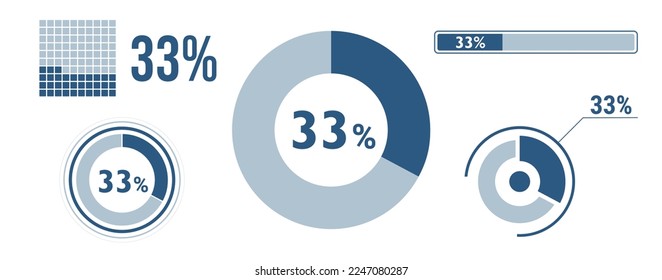 33 percent loading data icon set. Thirty-three circle diagram, pie donut chart, progress bar. 33% percentage infographic. Vector concept collection, blue color.