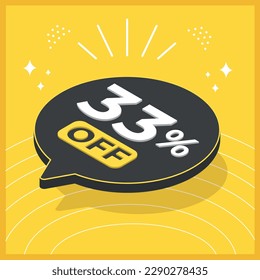 33 percent off. 3D floating balloon with promotion for sales on yellow background