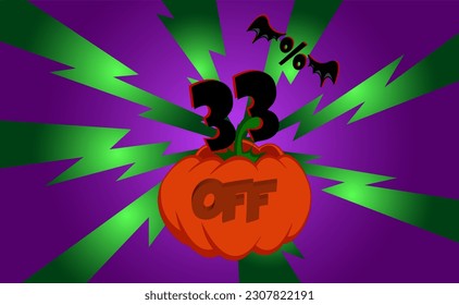 33 percent off. Banner, with pumpkin, green rays and purple background with gradient, bat wings, halloween theme.