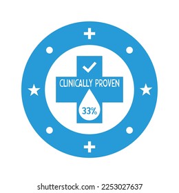 33% percentage  clinically proven vector icon. Clinically tested, approved, vector badge. Clinically proven guaranteed result icon. Sticker, label or stamp vector.
