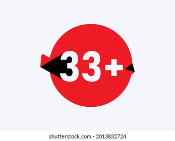 33 más iconos de límite de edad, signo plano de restricción de 33+ aislado en fondo blanco