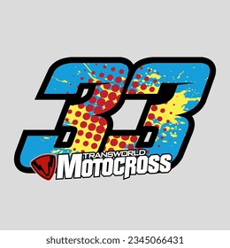 33. racing number light blue color, sport racing number with yellow and red halftone style vector illustration .isolated gray background