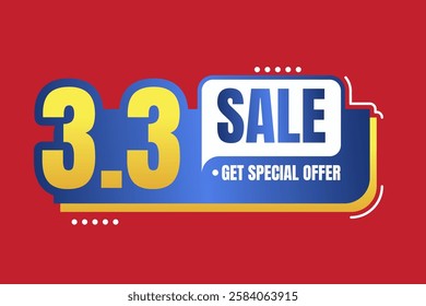 3.3 Sale Banner Design with Bold Typography, Blue and Yellow Gradient Text, and Red Background for Special Discounts and Promotions