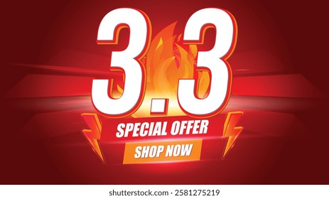 3.3 Sale banner March shopping day promotion template on red background.Special offer shop now for post social media, website, campaign.Vector illustration.