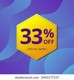 33% Sale and Discount Label. Thirty three percent Sale Discount label Geometric design. Abstract Blue and Yellow Hexagon. Vector illustration.