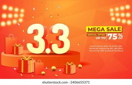 3.3 shopping day anniversary background, banner with shop bag, gift box for commercial promotion