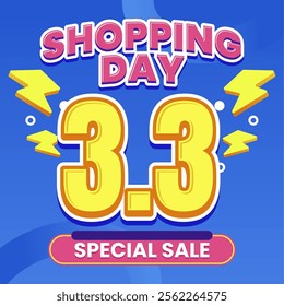 3.3 Shopping Day Special Sale Banner with Lightning Elements on Blue Background