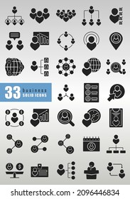 33 solid business icons. Symbols for finance, commerce, banking, office, infographic, money, searching, contact, social network, audit, media, accounting, apps etc. Vector EPS 10