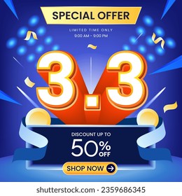 3.3 special offer banner with blue background, coin and ribbon. Use for social media and website. Discount up to 50% Off. Sale campaign or promotion.