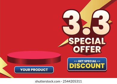 3.3 Special Offer sale banner with a red background, featuring a product display stage, lightning accents, and a ‘Get Special Discount’ button.
