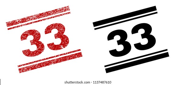 33 stamp seal print with red grunge and clean black version. Red vector rubber print of 33 tag with grunge texture. Titles are placed between double parallel lines.