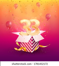 33 th years anniversary vector design element. Isolated thirty-three years jubilee with gift box, balloons and confetti on a bright background. 