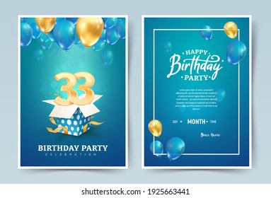 33 th years birthday vector invitation double card. Thirty three years anniversary celebration brochure. Template of invitational for print on blue background