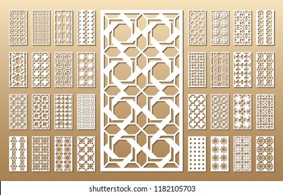 33 vector panels. Cutout silhouette with arabic (girih geometric)  pattern. A picture suitable for printing invitations, laser cutting (engraving) stencil, wood and metal decorations.