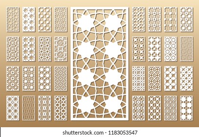 33 vector panels. Cutout silhouette with arabic (girih geometric)  pattern. A picture suitable for printing invitations, laser cutting (engraving) stencil, wood and metal decorations.