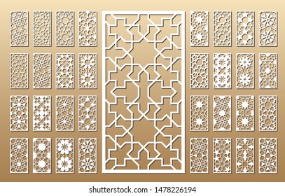 33 vector panels. Cutout silhouette with arabic (girih geometric) pattern. A picture suitable for printing invitations, laser cutting (engraving) stencil, wood and metal decorations.