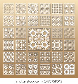 33 vector panels. Cutout silhouette with arabic (girih geometric) pattern. A picture suitable for printing invitations, laser cutting (engraving) stencil, wood and metal decorations.