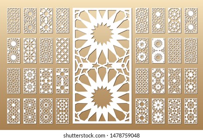 33 vector panels. Cutout silhouette with arabic (girih geometric) pattern. A picture suitable for printing invitations, laser cutting (engraving) stencil, wood and metal decorations.