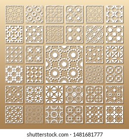 33 vector panels. Cutout silhouette with arabic (girih geometric) pattern. A picture suitable for printing invitations, laser cutting (engraving) stencil, wood and metal decorations.