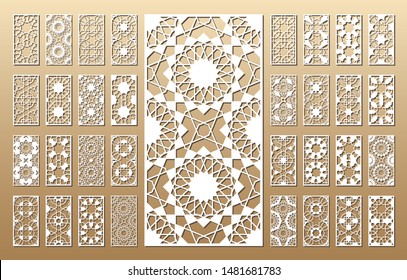 33 vector panels. Cutout silhouette with arabic (girih geometric) pattern. A picture suitable for printing invitations, laser cutting (engraving) stencil, wood and metal decorations.
