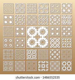 33 vector panels. Cutout silhouette with arabic (girih geometric) pattern. A picture suitable for printing invitations, laser cutting (engraving) stencil, wood and metal decorations.
