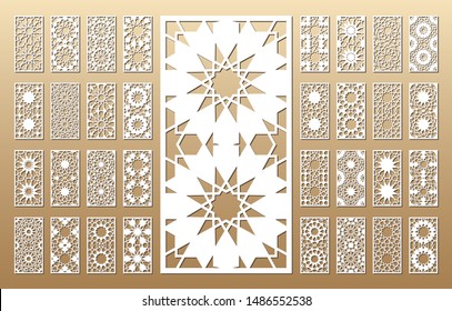 33 vector panels. Cutout silhouette with arabic (girih geometric) pattern. A picture suitable for printing invitations, laser cutting (engraving) stencil, wood and metal decorations.