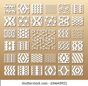 33 vector panels. Cutout silhouette with arabic (girih geometric)  pattern. A picture suitable for printing invitations, laser cutting (engraving) stencil, wood and metal decorations.