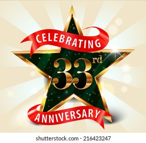 33 year anniversary celebration golden star ribbon, celebrating 33rd anniversary decorative golden invitation card - vector eps10