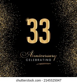 33 Year Anniversary Celebration Vector Template Design Illustration. 33 years golden anniversary sign. Gold glitter celebration. Light bright symbol for event, invitation, award, ceremony, greeting.