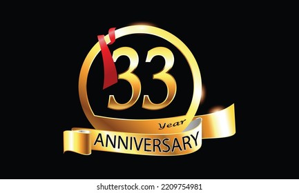 33 Year Anniversary celebration Vector Design with ring and red ribbon. 33rd Anniversary celebration. Gold Luxury Banner of 33rd Anniversary celebration. thirty-third celebration card. 