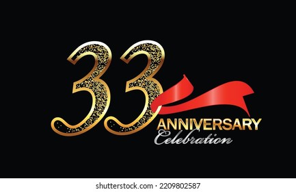 Celebración del 33 Aniversario del Diseño Vector con cinta roja y brillo. Celebración del 33° Aniversario. Banner de lujo de oro de 33 años. tarjeta de celebración de 33°