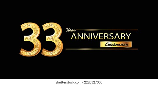 Celebración del 33 Aniversario Diseño vectorial. Celebración del 33° Aniversario. Banner de lujo de oro de la celebración del 33 aniversario con brillantes 3D. Aniversario del vector