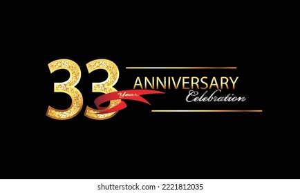 33 Year Anniversary celebration Vector Design. 33rd Anniversary celebration. Gold Luxury Banner of 33rd Anniversary celebration with red ribbon and glitter. Background celebration. Vector anniversary