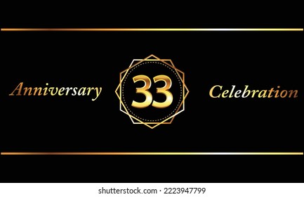 33 Year Anniversary celebration Vector Design with gold hexagonal shape. 33 Anniversary celebration. Gold Luxury Banner of 33rd Anniversary celebration.