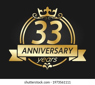 33 year anniversary. Gold round frame with crown and ribbon. Vector illustration for birthday, wedding or anniversary greetings, for creative design. Simple style.