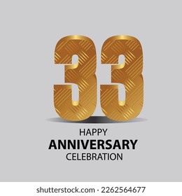 33 year anniversary, Gold shiny metallic numbers set, gold font sign isolated on gray background. Luxury fashion typography design for decoration, web, design, advertising. Vector illustration