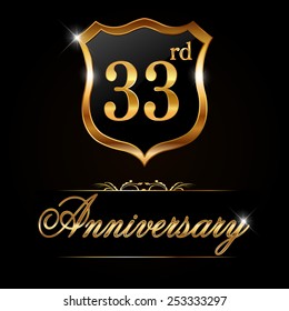 33 year anniversary golden label, 33rd anniversary decorative golden emblem - vector illustration 