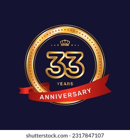 33 year anniversary logo with gold ring and red ribbon, vector template