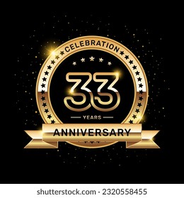 33-jähriges Jubiläum-Logo mit einer Anzahl und goldenem Band, Vektorvorlage