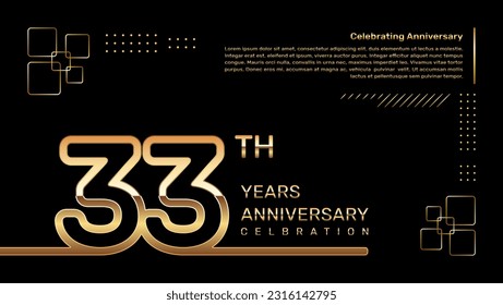 33 Jahre Jubiläumsvorlagendesign mit goldener Farbe und doppelzeiligen Zahlen, Vektorvorlage