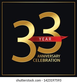 33 year minimalist logo years, jubilee, greeting card. Red and Gold Ribbons on Black Background with Golden Frame for Birthday invitation - Vector 