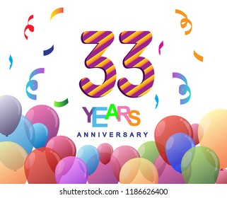 33 years anniversary celebration with colorful balloons and confetti, colorful design for greeting card birthday celebration