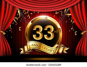 33 years anniversary celebration. with gold ribbon. Curtain background and light shine.