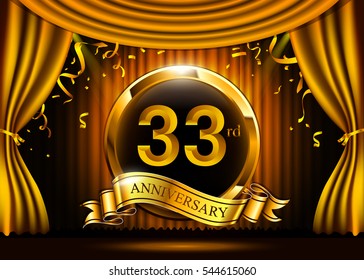 33 years anniversary celebration with gold ribbon. Curtain background and confetti