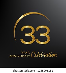 33 years anniversary celebration. Anniversary logo with swoosh and elegance golden color isolated on black background, vector design for celebration, invitation card, and greeting card