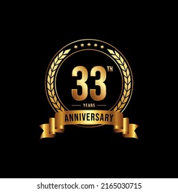 33 years anniversary celebration logotype with golden laurel and wreath, for booklet, leaflet, magazine, brochure poster, banner, web, invitation or greeting card. Vector illustrations.