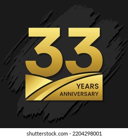 33 years anniversary celebration, anniversary celebration template design with gold color isolated on black brush background. vector template illustration