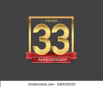 33 years anniversary design logotype golden color with square and red ribbon for celebration event isolated on black background
