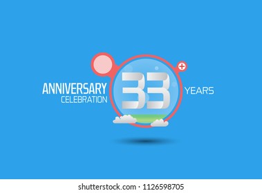 33 years anniversary design with pop art style red circle and cloud isolated on blue background